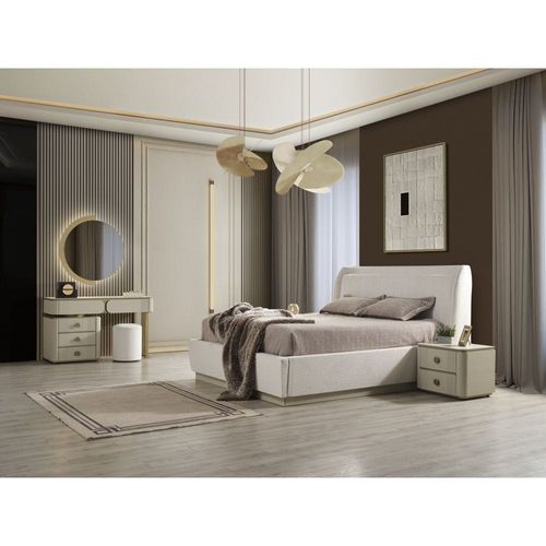 Berlin 180X200 King Bed + 2 Night Stand And Dresser W/ Mirror And Stool- Cream White/Powder Beige/Gold
