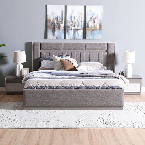 Atlas 180X200 King Bed + 2 Night Stand and Dresser with Mirror + Stool  - Taupe/Cream