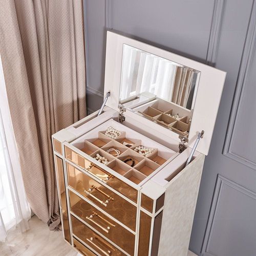 Avniel Chest of 5 Drawers with Top Mirror & Jewelry Storage - Teak Mirror/Champagne - With 2-Year Warranty