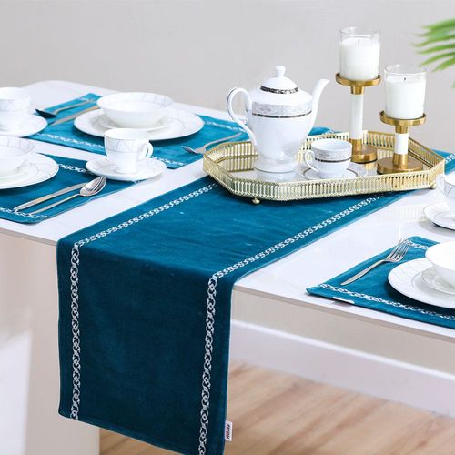 Gracie Zari Embroidery Velvet Runner 35x120 Cm Blue Silver