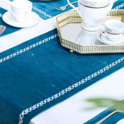 Gracie Zari Embroidery Velvet Runner 35x120 Cm Blue Silver