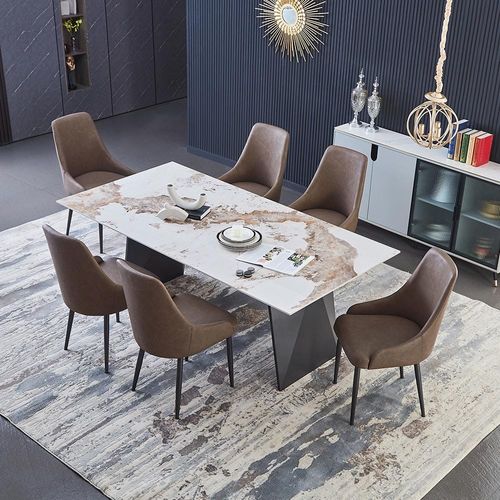 Roseni 1+6 Dining Set - Cream White Sintered Stone /Brown