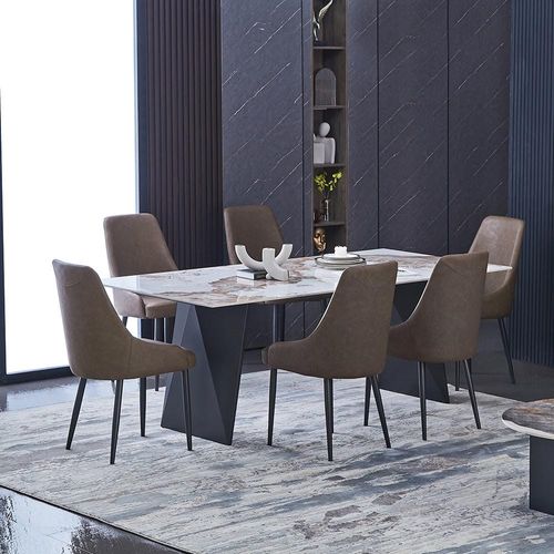 Roseni 1+6 Dining Set - Cream White Sintered Stone /Brown