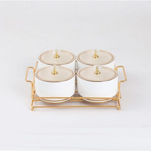 Orchid Stripes 4-Piece Snack Bowl W/Gold Stand 22  x 22  x 6 Cm