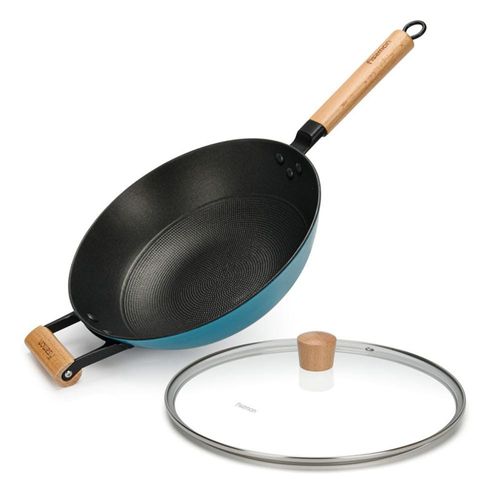 Fissman Wok Pan Seagreen 30X8.4Cm/4Ltr  With Glass Lid (Enamelled Lightweight Cast Iron) 