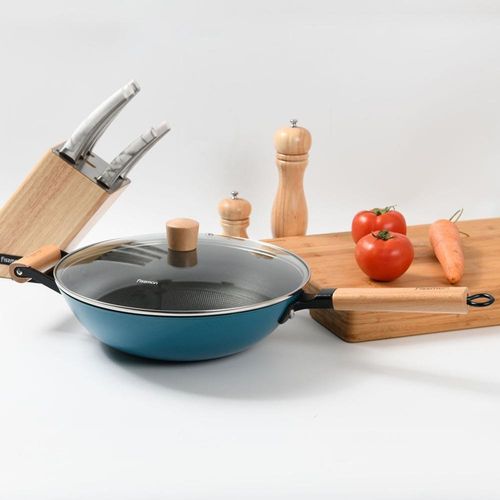 Fissman Wok Pan Seagreen 30X8.4Cm/4Ltr  With Glass Lid (Enamelled Lightweight Cast Iron) 