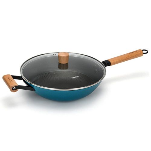 Fissman Wok Pan Seagreen 30X8.4Cm/4Ltr  With Glass Lid (Enamelled Lightweight Cast Iron) 