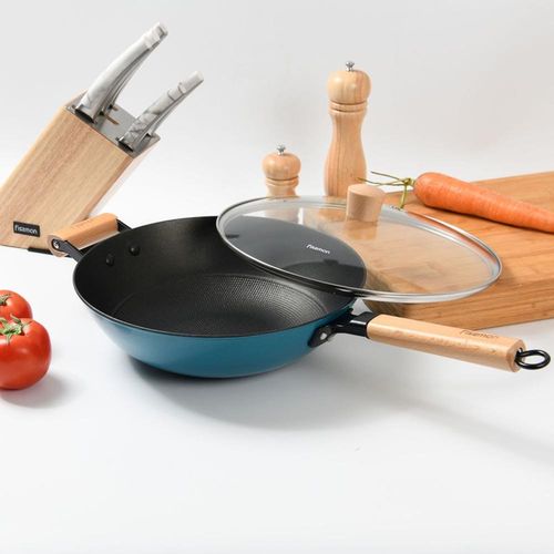 Fissman Wok Pan Seagreen 30X8.4Cm/4Ltr  With Glass Lid (Enamelled Lightweight Cast Iron) 