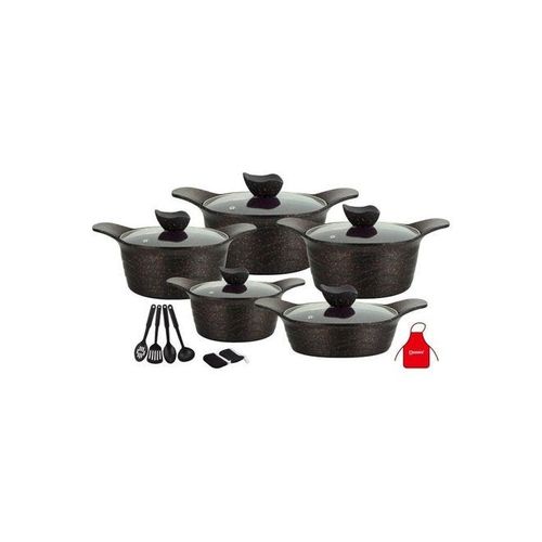 17-Piece Granite Cookware Set Includes 1xCasserole With Lid 20cm, 1xCsserole With Lid 24cm, 1xCasserole With Lid  28cm, 1xCasserole With Lid 32cm, 1xShallow Casserole With Lid 28cm, 7xCooking Tools Black
