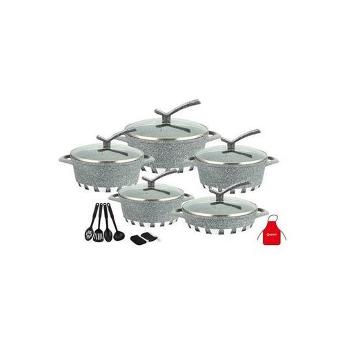 17-Pieces Granite Cookware Set Includes Casserole With Lid 24cm, Casserole With Lid 28cm, Casserole With Lid 32cm, Casserole With Lid 28cm, Shallow Casserole 7xCooking Tools Grey/Clear 32cm