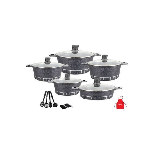 17-Piece Granite Cookware Set Includes 1xCasserole With Lid 20cm, 1xCsserole With Lid 24cm, 1xCasserole With Lid  28cm, 1xCasserole With Lid 32cm, 1xShallow Casserole With Lid 28cm, 7xCooking Tools Dark Grey