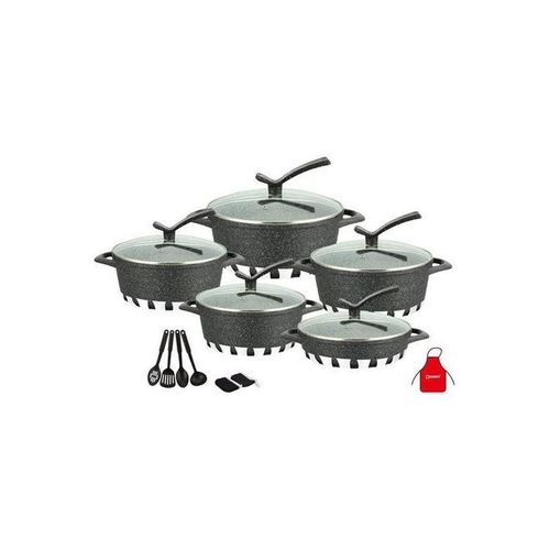 17-Pieces Granite Cookware Set Includes Casserole With Lid 24cm, Casserole With Lid 28cm, Casserole With Lid 32cm, Casserole With Lid 28cm, Shallow Casserole 7xCooking Tools Black/Clear 32cm