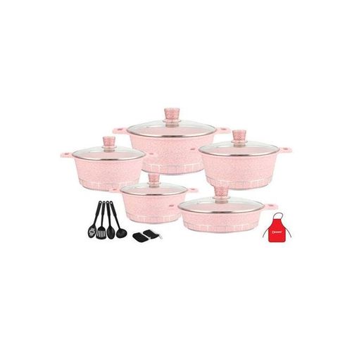 17-Piece Granite Cookware Set Includes 1xCasserole With Lid 20cm, 1xCsserole With Lid 24cm, 1xCasserole With Lid  28cm, 1xCasserole With Lid 32cm, 1xShallow Casserole With Lid 28cm, 7xCooking Tools Pink