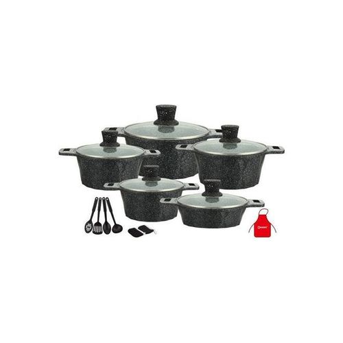 17-Pieces Granite Cookware Set Includes Casserole With Lid 24cm, Casserole With Lid 28cm, Casserole With Lid 32cm, Casserole With Lid 28cm, Shallow Casserole 7xCooking Tools Black/Clear 32cm