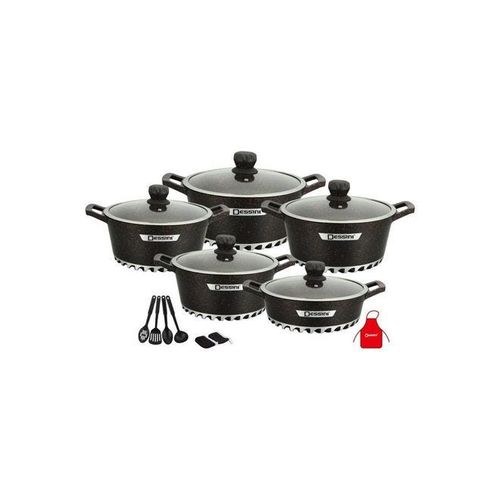 17-Pieces Granite Cookware Set Includes Casserole With Lid 24cm, Casserole With Lid 28cm, Casserole With Lid 32cm, Casserole With Lid 28cm, Shallow Casserole 7xCooking Tools Black/Clear 28cm