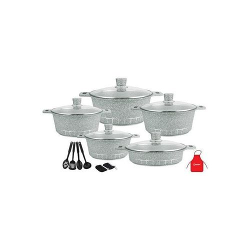 17-Piece Granite Cookware Set Includes 1xCasserole With Lid 20cm, 1xCsserole With Lid 24cm, 1xCasserole With Lid  28cm, 1xCasserole With Lid 32cm, 1xShallow Casserole With Lid 28cm, 7xCooking Tools Grey