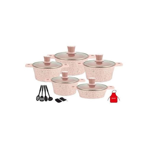 17-Pieces Granite Cookware Set Includes Casserole With Lid 24cm, Casserole With Lid 28cm, Casserole With Lid 32cm, Casserole With Lid 28cm, Shallow Casserole 7xCooking Tools Pink/Clear 32cm