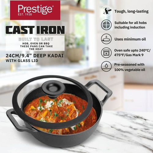 Prestige Cast Iron Kadai 24 Cm ,Iron Kadhai With Glass Lid For Cooking And Deep Frying , Pre Seasoned Induction Cookware - Black