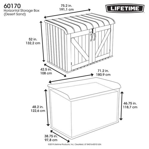 Lifetime, Heavy Duty Horizontal Storage Shed, 75 Cubic Feet, 5-Year Limited Warranty, Desert Sand Colour Box, Brown Lid LFT-60170