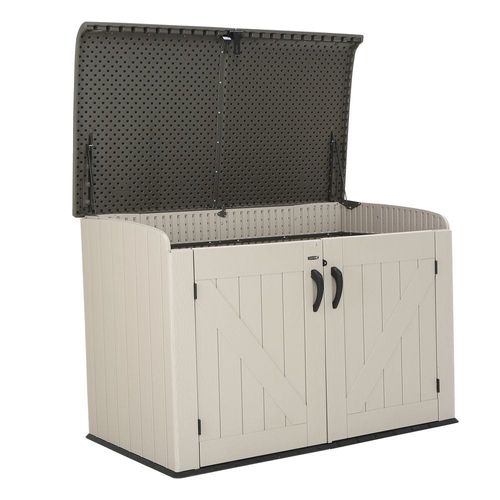 Lifetime, Heavy Duty Horizontal Storage Shed, 75 Cubic Feet, 5-Year Limited Warranty, Desert Sand Colour Box, Brown Lid LFT-60170