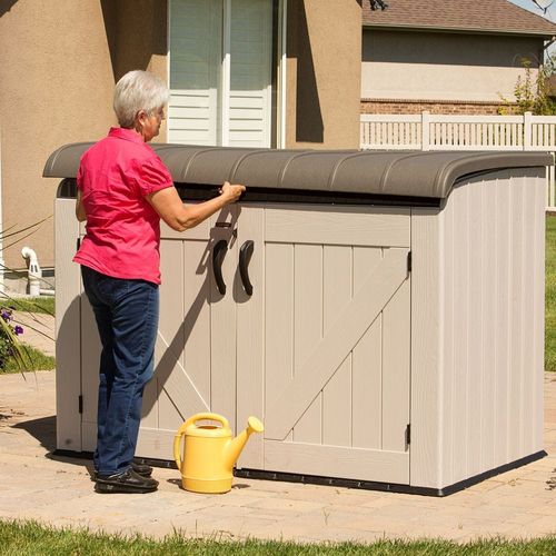 Lifetime, Heavy Duty Horizontal Storage Shed, 75 Cubic Feet, 5-Year Limited Warranty, Desert Sand Colour Box, Brown Lid LFT-60170