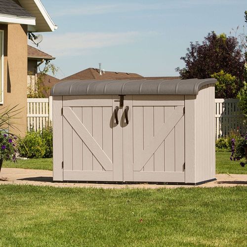 Lifetime, Heavy Duty Horizontal Storage Shed, 75 Cubic Feet, 5-Year Limited Warranty, Desert Sand Colour Box, Brown Lid LFT-60170