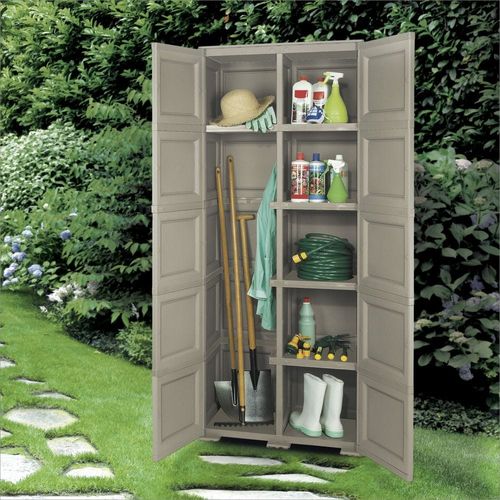 Tontarelli Storage Cabinet, Made in Italy, for Home, Office & Outdoor, Garage Organizer, Multipurpose Storage Cupboard with 5 Shelves, 7 compartments (6 regular & 1 vertical), 79L x 43W x 203H cm, Greyish Brown, TRL-8085558908