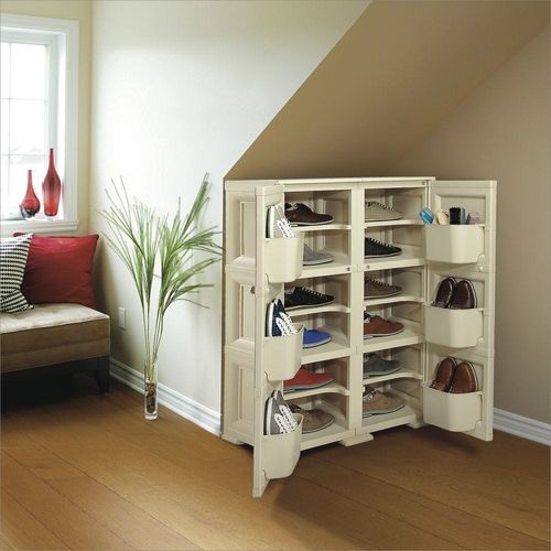 Tontarelli Shoe Cabinet, Made in Italy, for Outdoor, Home & Office, Multipurpose Storage Cupboard Organizer with 6 Compartments, Multiple Shelves & 6 Side Pockets, 79L x 43W x 125H cm, Cream, TRL-8086050210