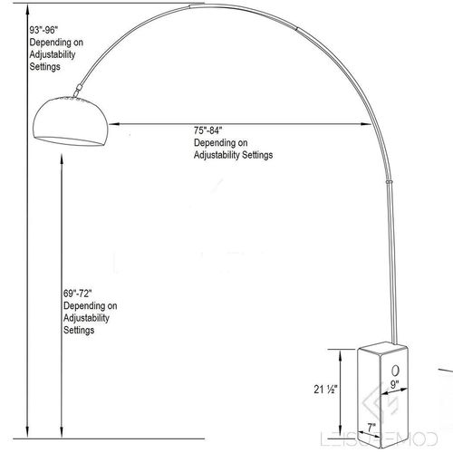 Modern Floor Lamp/Arc Floor Light, Reading Standing Lamp, Steel/Nickel Matt/Satin Adjustable Grande Stainless Steel with Italian Marble Base