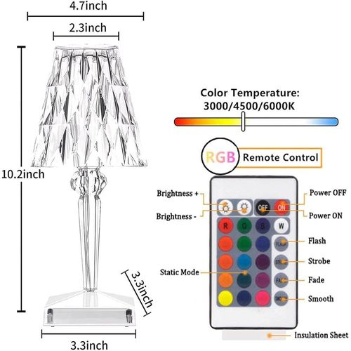 Crystal Touch Table Lamp LED Night Light, 16 Colors Rechargeable Table Lamp with Touch and Remote Control, USB Light Lamps, Lighting Decor for Bedroom (White)