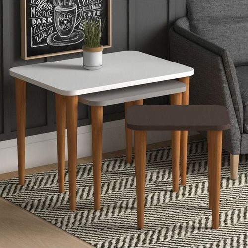 Letto Nested Coffee Table Set Of Three For Living Room Home Office Contemporary Stacking End Side Table Leisure Night Stand Wooden Legs Telephone Table- Multi Clr