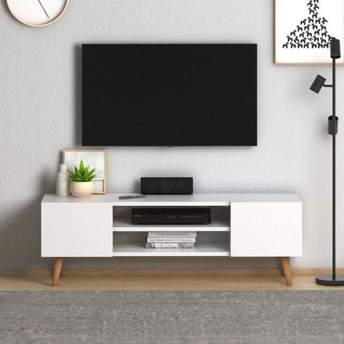 Etna Modern Tv Stand For Living Room, Tv Unit Media Solid Beech Wood Legs - White