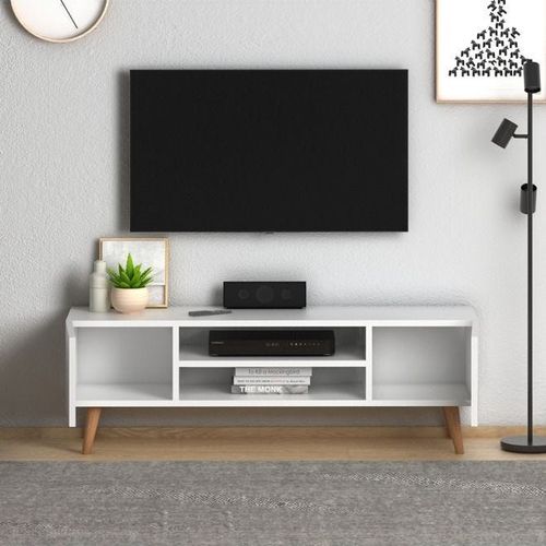Etna Modern Tv Stand For Living Room, Tv Unit Media Solid Beech Wood Legs - White