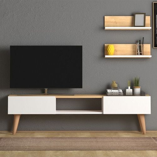 Atlantis Modern Tv Stand For Living Room, Tv Unit Media With Wall Mount Shelf, White