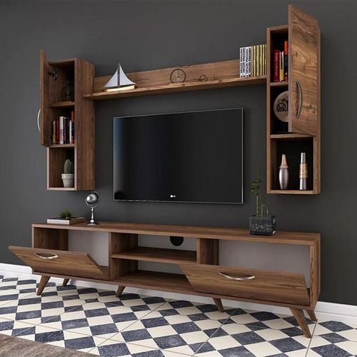 Tv Unit With Wall Shelf Tv Stand With Bookshelf Wall Mounted With Shelf Modern Leg 180 Cm - Walnut