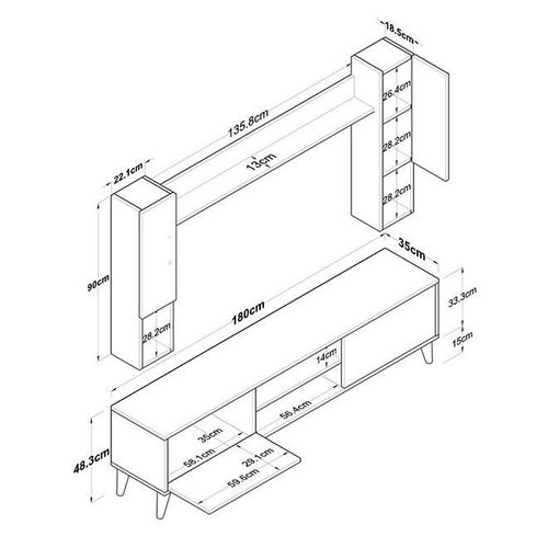 Tv Unit With Wall Shelf Tv Stand With Bookshelf Wall Mounted With Shelf Modern Leg 180 Cm - Walnut
