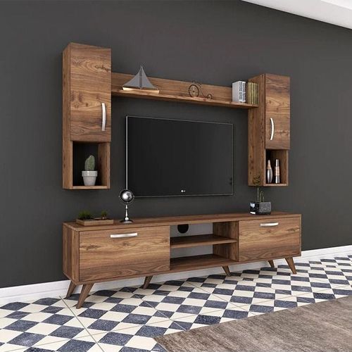 Tv Unit With Wall Shelf Tv Stand With Bookshelf Wall Mounted With Shelf Modern Leg 180 Cm - Walnut