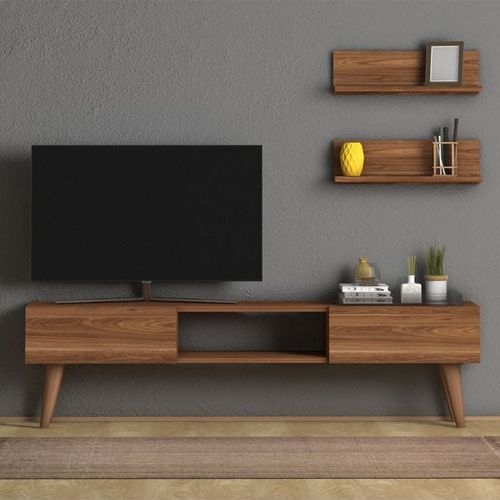 Atlantis Modern Tv Stand For Living Room, Tv Unit Media With Wall Mount Shelf - Walnut