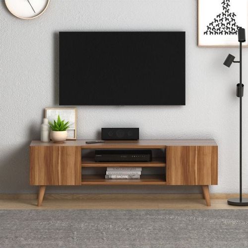 Etna Modern Tv Stand For Living Room, Tv Unit Media Solid Beech Wood Legs - Walnut