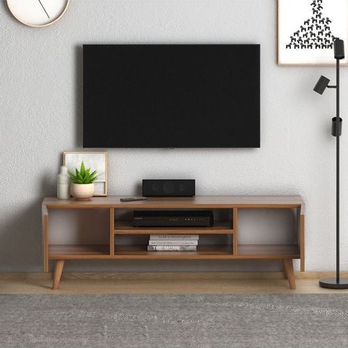 Etna Modern Tv Stand For Living Room, Tv Unit Media Solid Beech Wood Legs - Walnut