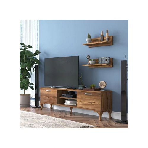 Stand With Wall Shelf Tv Unit With Bookshelf Modern Pedestal Design 150 Cm - Walnut