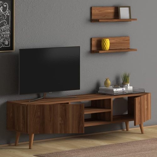 Plane Modern Tv Stand For Living Room, Tv Unit Media With Two Shelf Solid Wood Legs - Walnut
