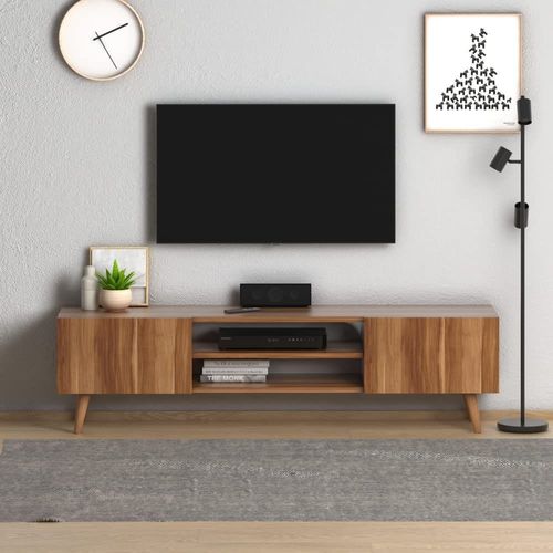 Plane Modern Tv Stand For Living Room, Tv Unit Media With Two Shelf Solid Wood Legs - Walnut