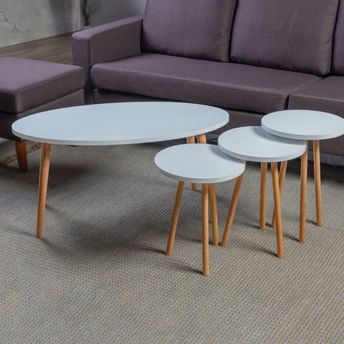 Elips Made In Turkey Modern Coffee Table And Nest Of Three Table Set Centre Table For Living Room, Easy Assembly Wood Legs - White