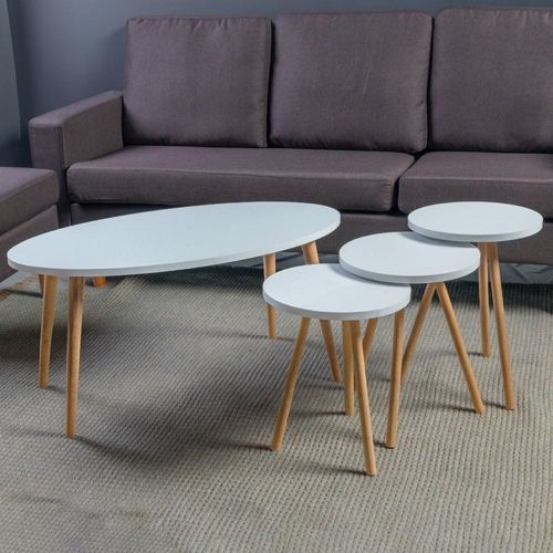 Elips Made In Turkey Modern Coffee Table And Nest Of Three Table Set Centre Table For Living Room, Easy Assembly Wood Legs - White