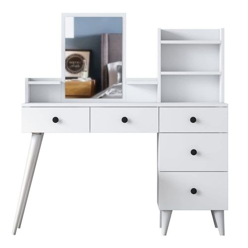 Makeup Dressing Table 5 Drawers Shelf Mirrored Jewelry Organizer White