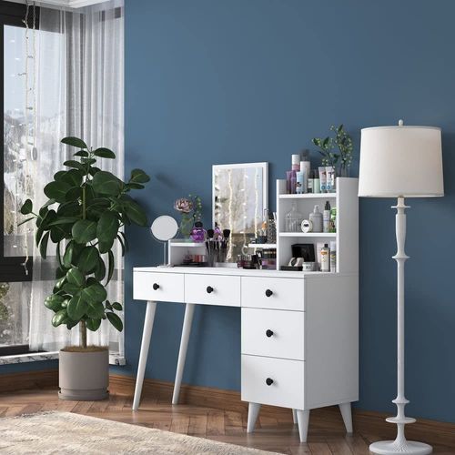 Makeup Dressing Table 5 Drawers Shelf Mirrored Jewelry Organizer White