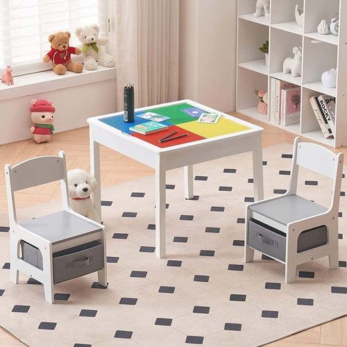 Wooden Kids Activity Table and Chair Set, 4-in-1 Building Blocks-Compatible Desk with Storage for Children and Toddler Drawing Reading Arts Crafts - Colorful