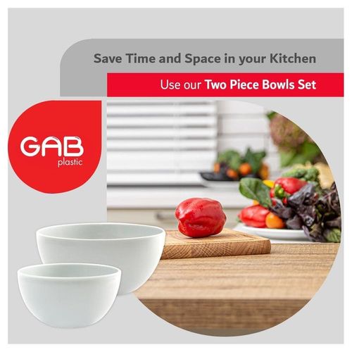 GAB Plastic, Salad Bowl, Set of 2, Medium and large mixing bowl and serving bowl, Kitchen tool, Great for serving salad, fruits, popcorn, or chips, Sturdy and durable, Made from BPA-free Plastic