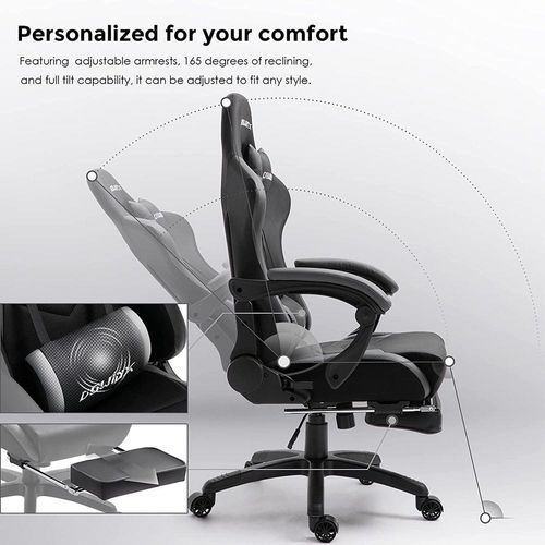 Gaming Chair Ergonomic Office Recliner for Computer with Massage Lumbar Support, Racing Style Armchair PU Leather E-Sports Gamer Chairs with Retractable Footrest (Black&Gray)